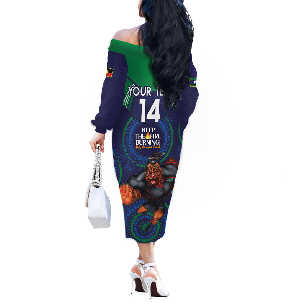 Custom NRL Warriors NAIDOC Week Off The Shoulder Long Sleeve Dress Keep The Fire Burning Indigenous Art