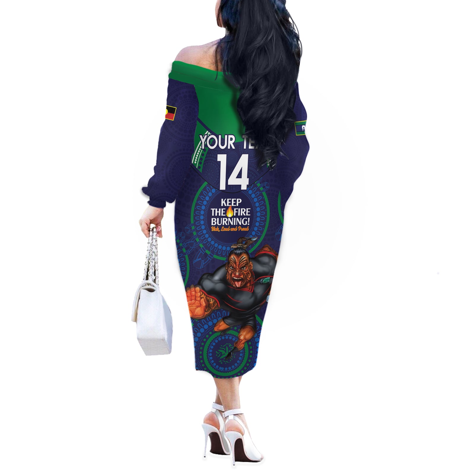 Custom NRL Warriors NAIDOC Week Off The Shoulder Long Sleeve Dress Keep The Fire Burning Indigenous Art