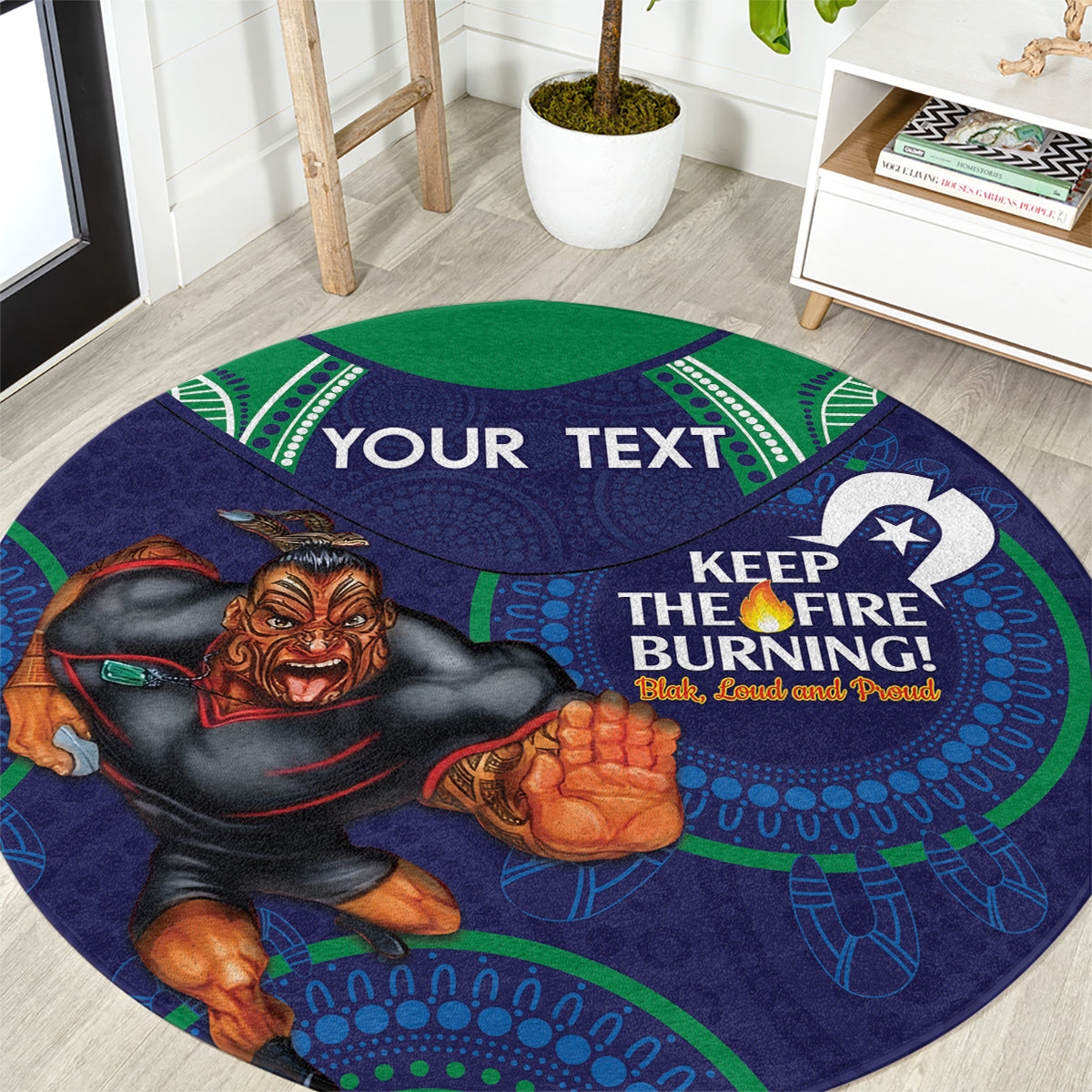Custom NRL Warriors NAIDOC Week Round Carpet Keep The Fire Burning Indigenous Art