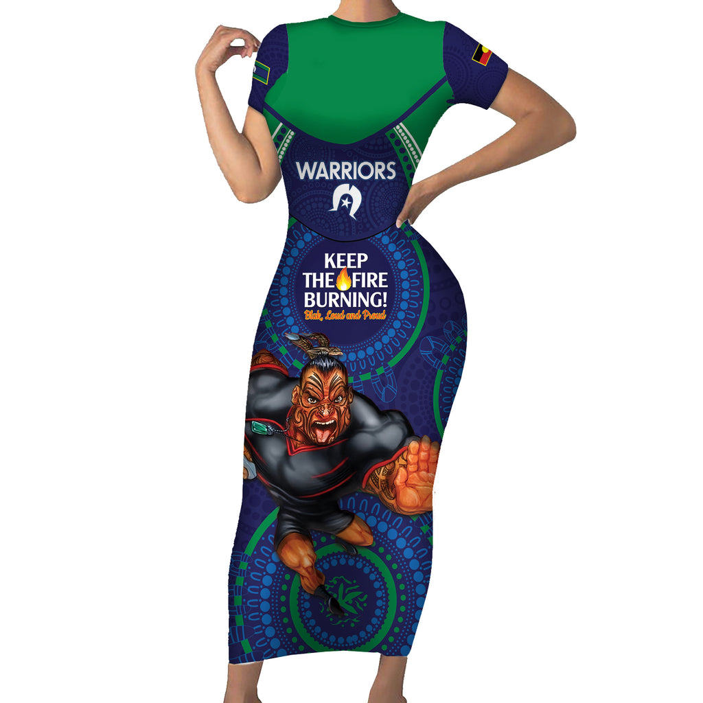 Custom NRL Warriors NAIDOC Week Short Sleeve Bodycon Dress Keep The Fire Burning Indigenous Art