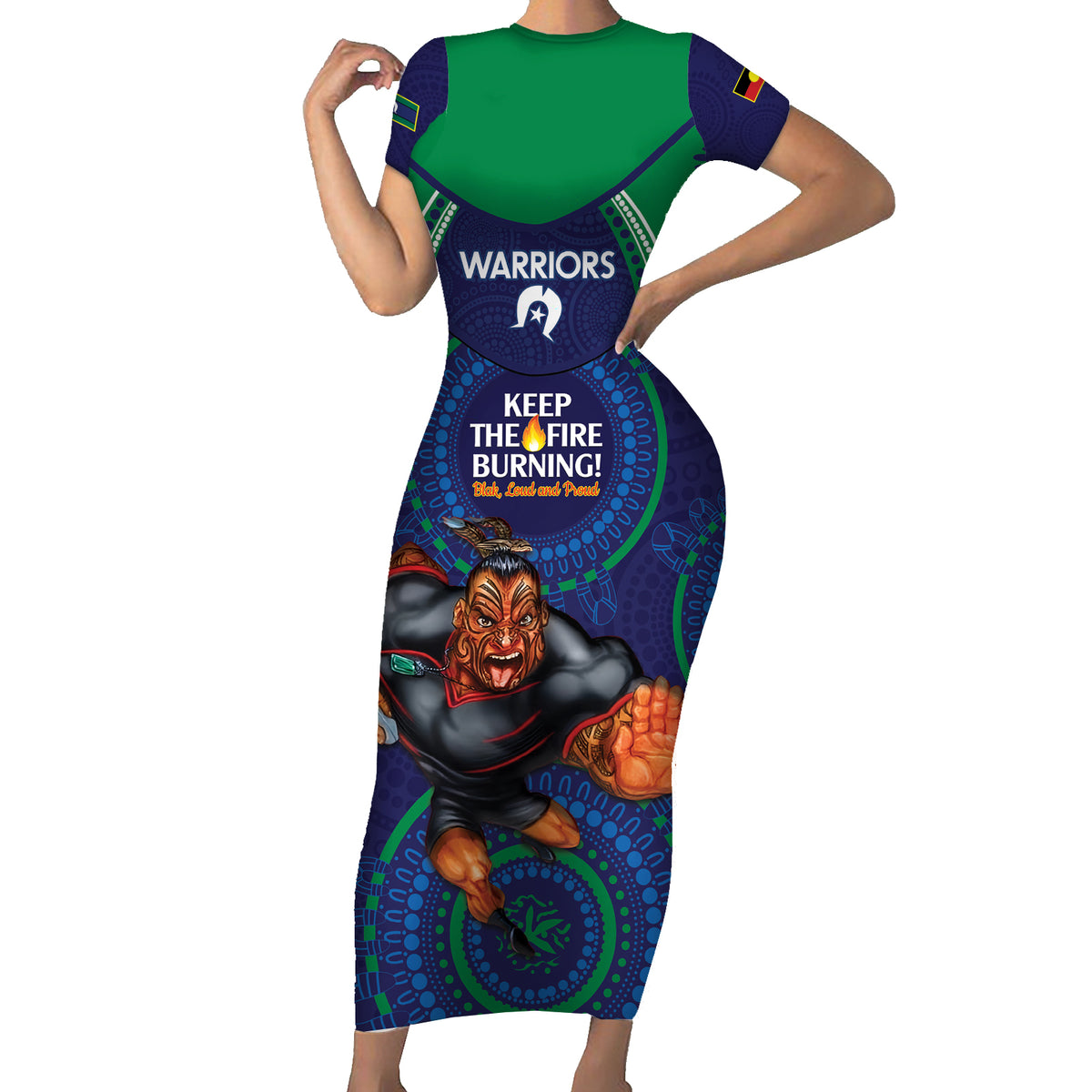 Custom NRL Warriors NAIDOC Week Short Sleeve Bodycon Dress Keep The Fire Burning Indigenous Art