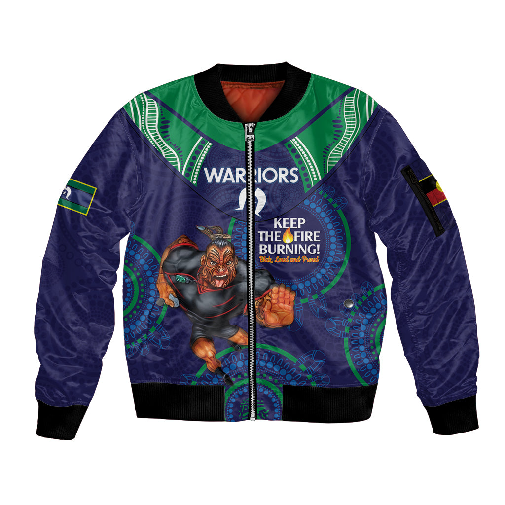 Custom NRL Warriors NAIDOC Week Sleeve Zip Bomber Jacket Keep The Fire Burning Indigenous Art