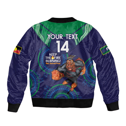 Custom NRL Warriors NAIDOC Week Sleeve Zip Bomber Jacket Keep The Fire Burning Indigenous Art