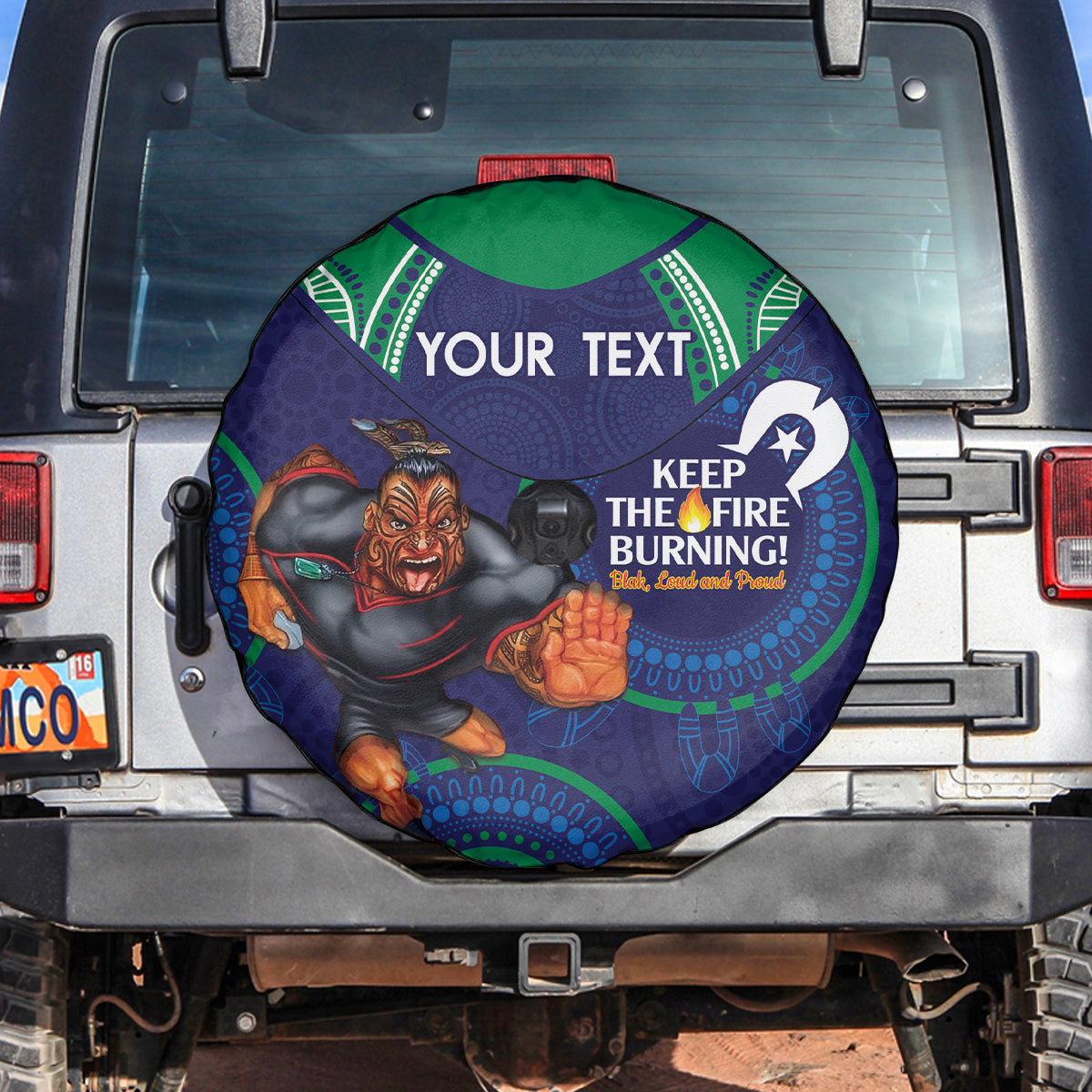 Custom NRL Warriors NAIDOC Week Spare Tire Cover Keep The Fire Burning Indigenous Art
