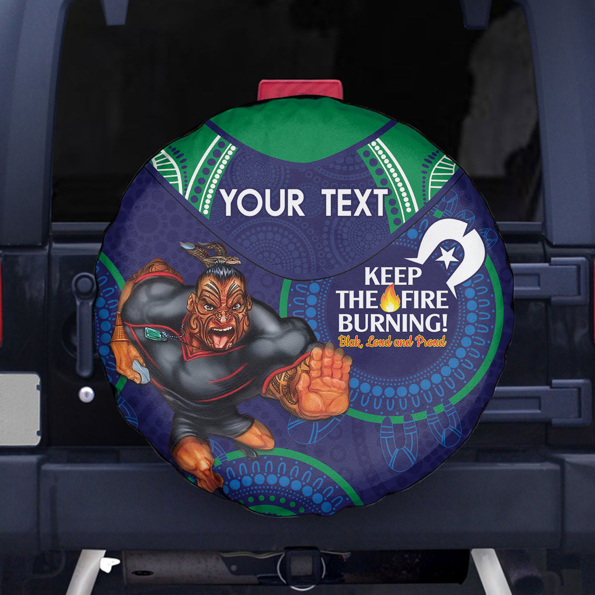 Custom NRL Warriors NAIDOC Week Spare Tire Cover Keep The Fire Burning Indigenous Art