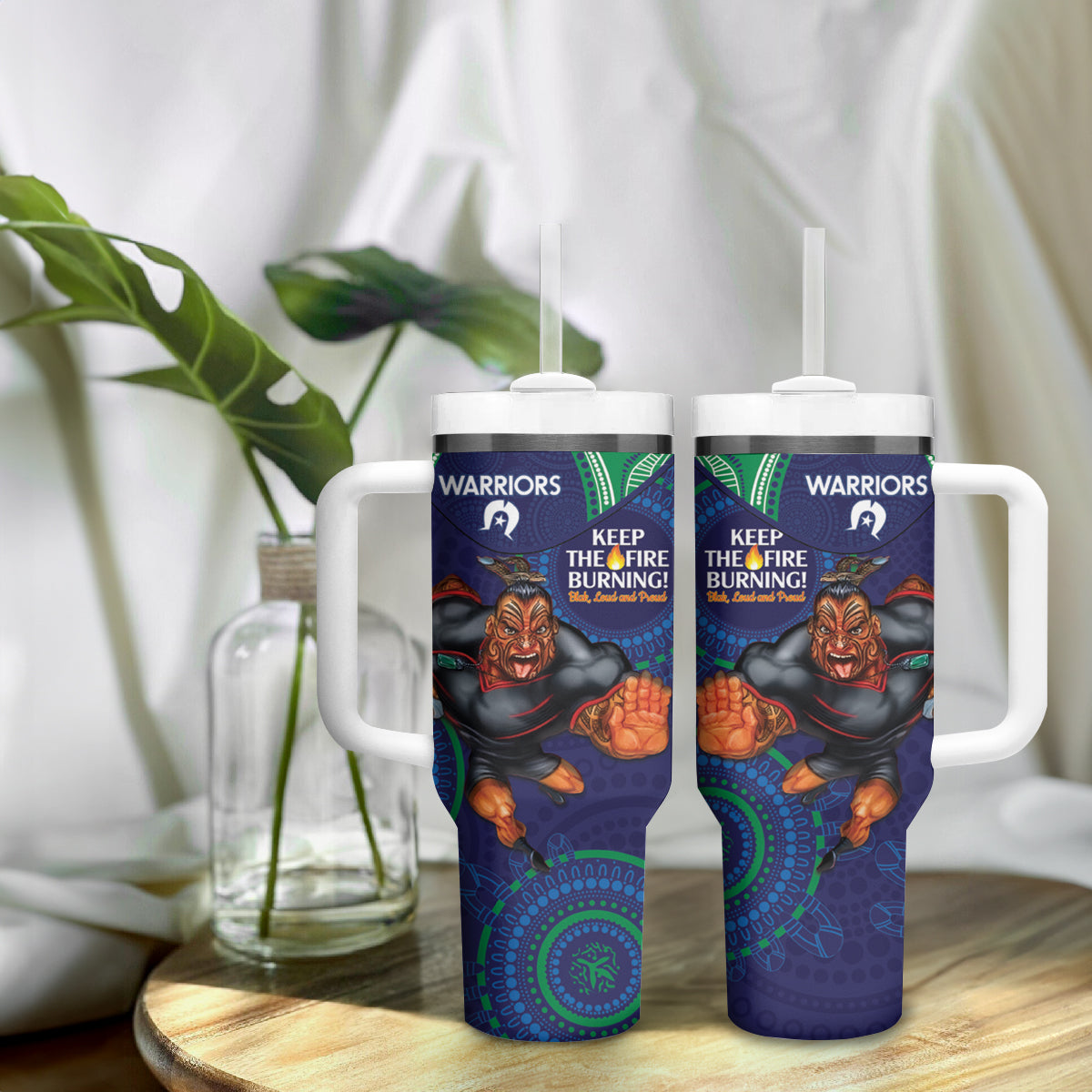 NRL Warriors NAIDOC Week Tumbler With Handle Keep The Fire Burning Indigenous Art