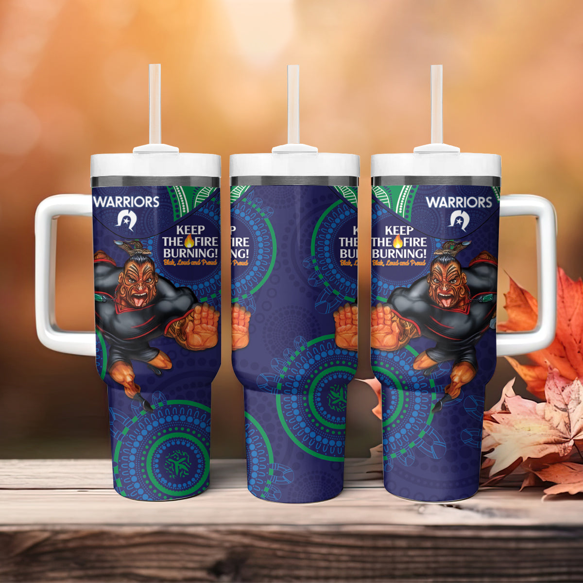 NRL Warriors NAIDOC Week Tumbler With Handle Keep The Fire Burning Indigenous Art