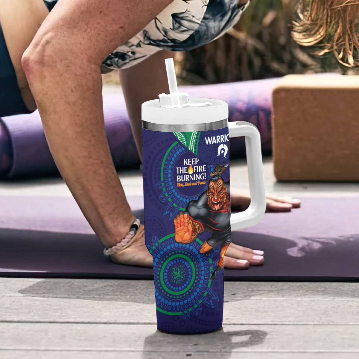 NRL Warriors NAIDOC Week Tumbler With Handle Keep The Fire Burning Indigenous Art