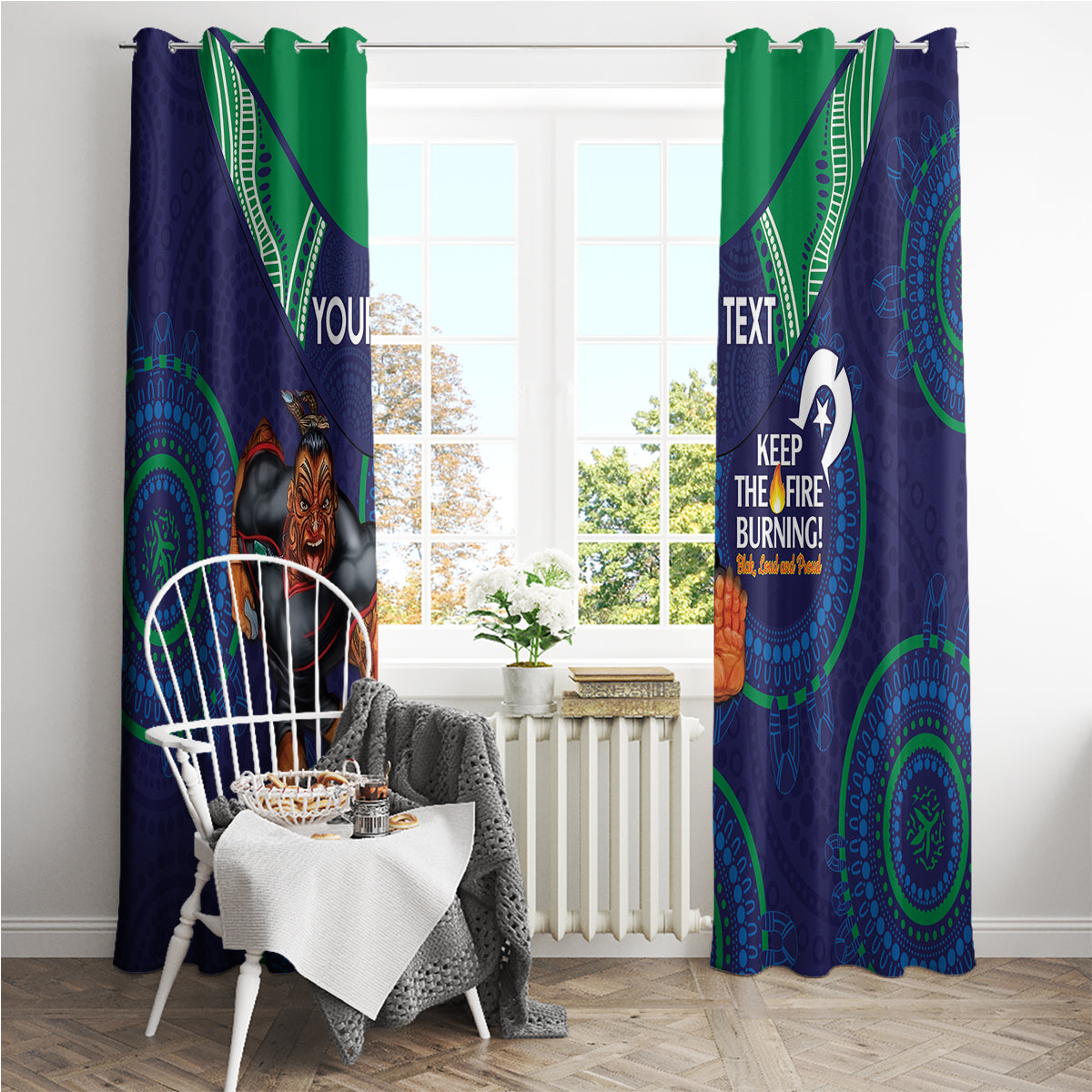 Custom NRL Warriors NAIDOC Week Window Curtain Keep The Fire Burning Indigenous Art