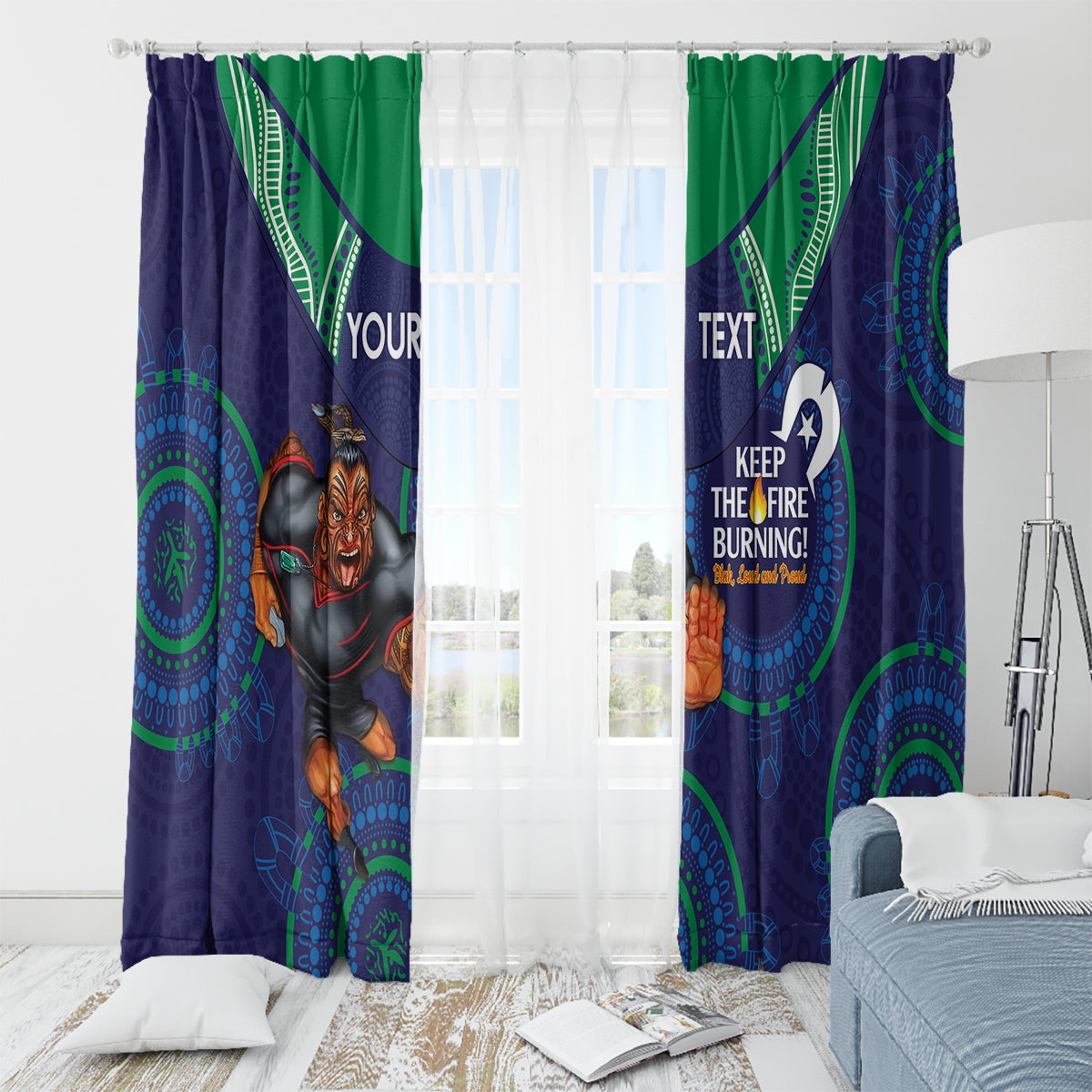 Custom NRL Warriors NAIDOC Week Window Curtain Keep The Fire Burning Indigenous Art