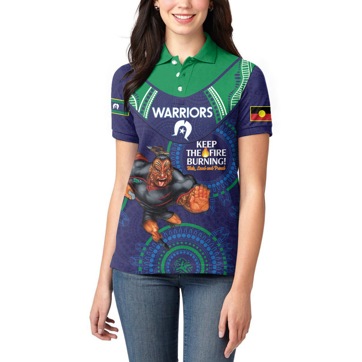 Custom NRL Warriors NAIDOC Week Women Polo Shirt Keep The Fire Burning Indigenous Art