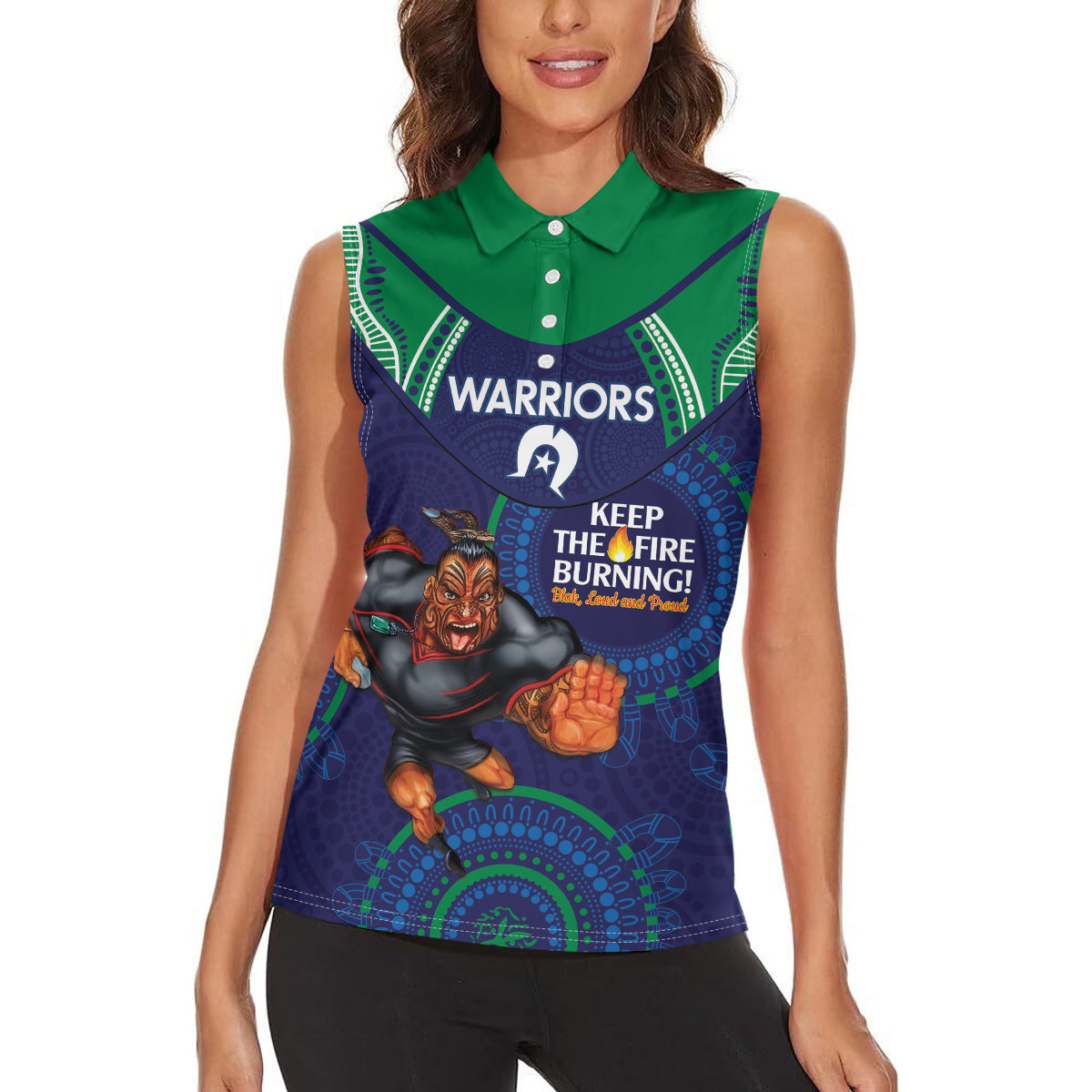 Custom NRL Warriors NAIDOC Week Women Sleeveless Polo Shirt Keep The Fire Burning Indigenous Art