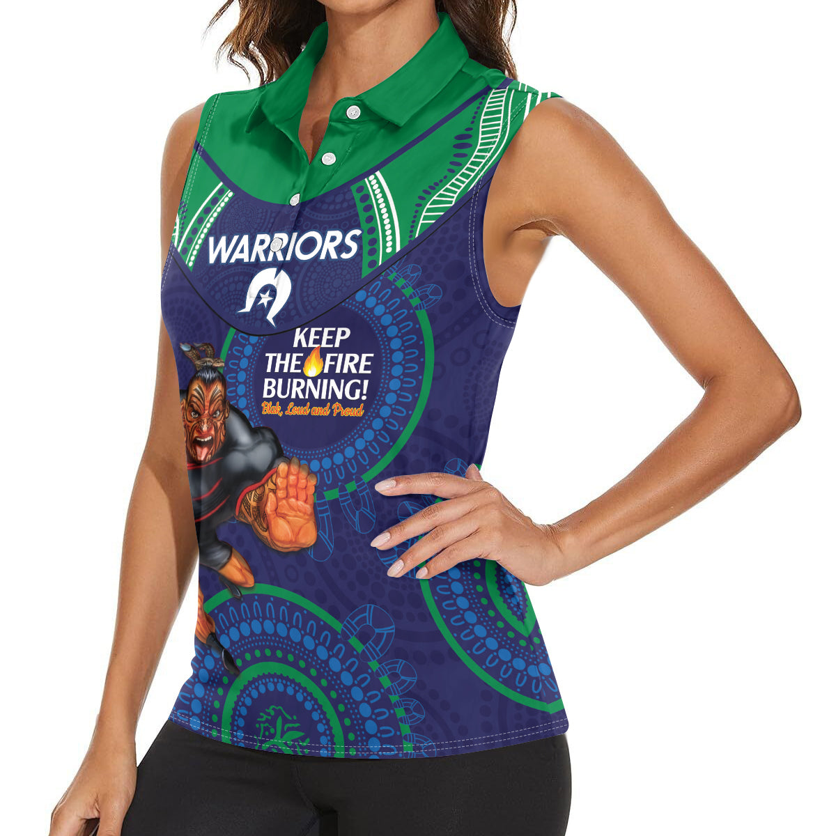 Custom NRL Warriors NAIDOC Week Women Sleeveless Polo Shirt Keep The Fire Burning Indigenous Art