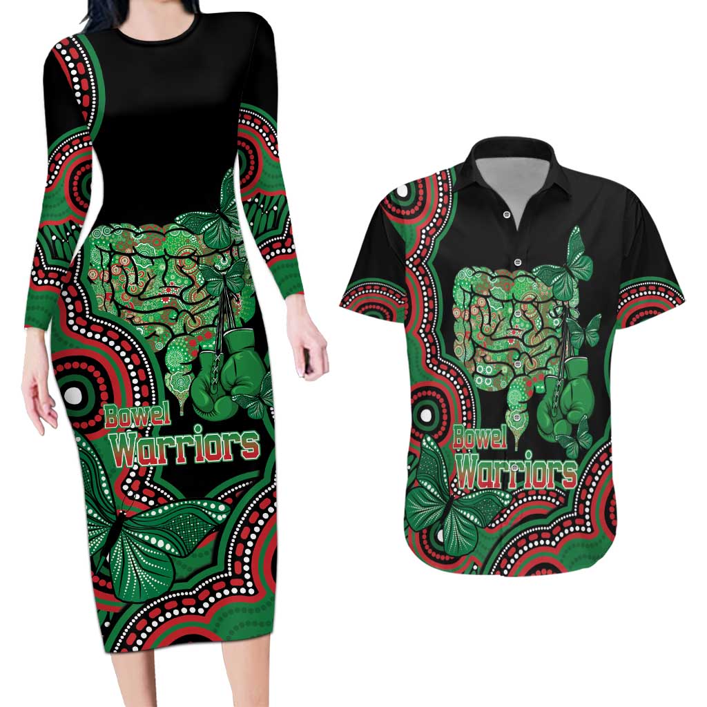 Australia Bowel Cancer Awareness Month Couples Matching Long Sleeve Bodycon Dress and Hawaiian Shirt Boxing Gloves Warriors Aboriginal Art