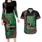 Australia Bowel Cancer Awareness Month Couples Matching Long Sleeve Bodycon Dress and Hawaiian Shirt Boxing Gloves Warriors Aboriginal Art