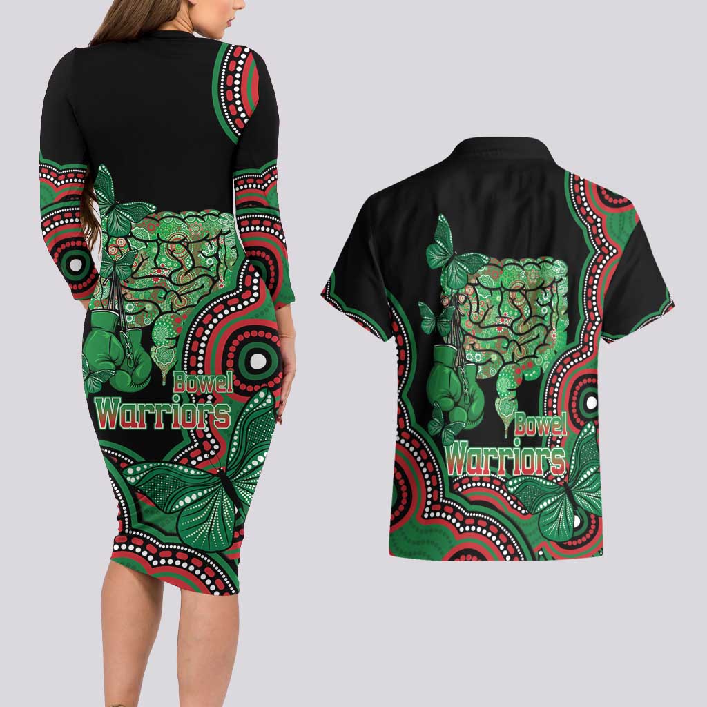 Australia Bowel Cancer Awareness Month Couples Matching Long Sleeve Bodycon Dress and Hawaiian Shirt Boxing Gloves Warriors Aboriginal Art