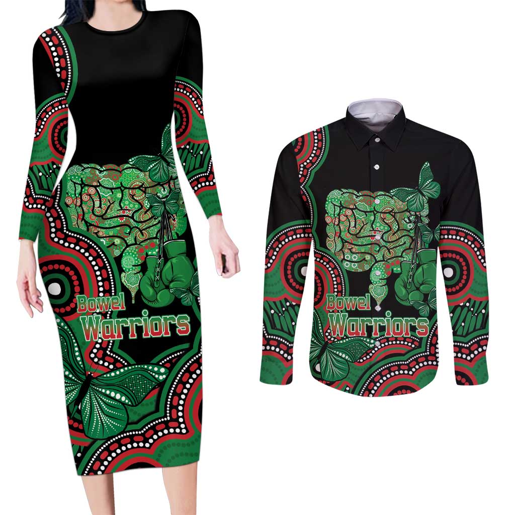 Australia Bowel Cancer Awareness Month Couples Matching Long Sleeve Bodycon Dress and Long Sleeve Button Shirt Boxing Gloves Warriors Aboriginal Art