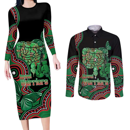 Australia Bowel Cancer Awareness Month Couples Matching Long Sleeve Bodycon Dress and Long Sleeve Button Shirt Boxing Gloves Warriors Aboriginal Art