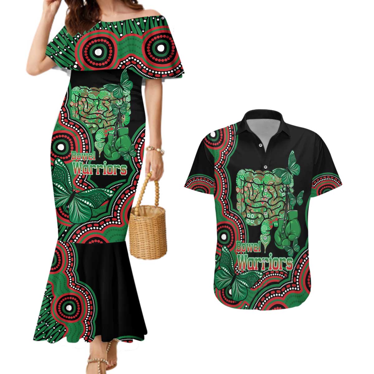 Australia Bowel Cancer Awareness Month Couples Matching Mermaid Dress and Hawaiian Shirt Boxing Gloves Warriors Aboriginal Art