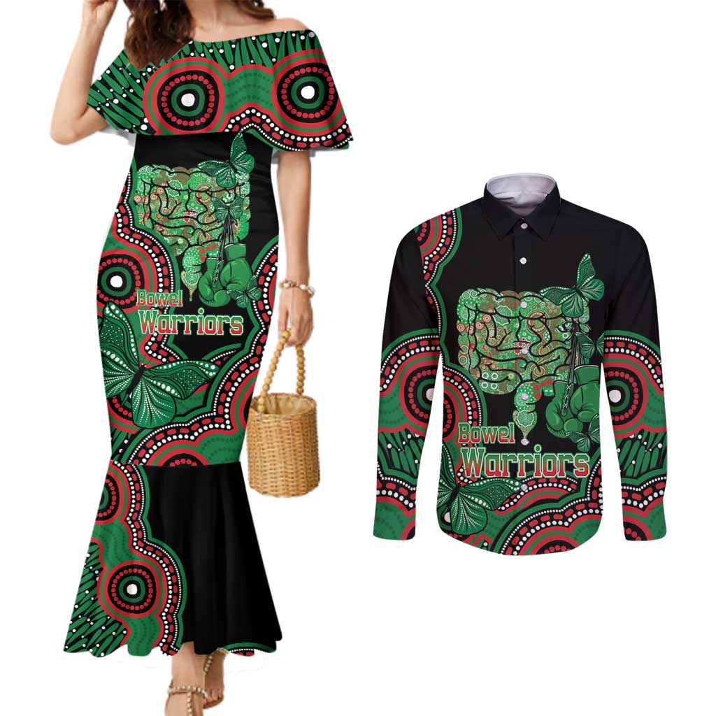 Australia Bowel Cancer Awareness Month Couples Matching Mermaid Dress and Long Sleeve Button Shirt Boxing Gloves Warriors Aboriginal Art