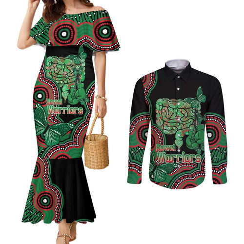 Australia Bowel Cancer Awareness Month Couples Matching Mermaid Dress and Long Sleeve Button Shirt Boxing Gloves Warriors Aboriginal Art