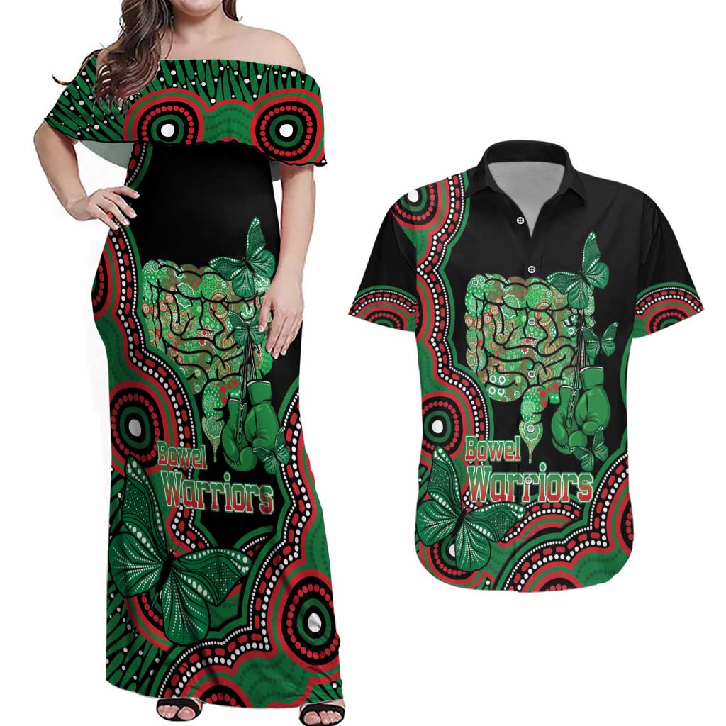 Australia Bowel Cancer Awareness Month Couples Matching Off Shoulder Maxi Dress and Hawaiian Shirt Boxing Gloves Warriors Aboriginal Art
