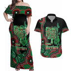 Australia Bowel Cancer Awareness Month Couples Matching Off Shoulder Maxi Dress and Hawaiian Shirt Boxing Gloves Warriors Aboriginal Art