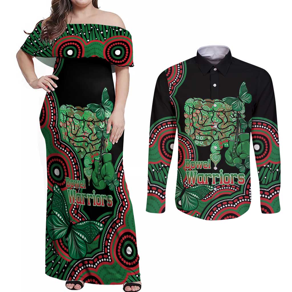 Australia Bowel Cancer Awareness Month Couples Matching Off Shoulder Maxi Dress and Long Sleeve Button Shirt Boxing Gloves Warriors Aboriginal Art