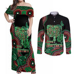 Australia Bowel Cancer Awareness Month Couples Matching Off Shoulder Maxi Dress and Long Sleeve Button Shirt Boxing Gloves Warriors Aboriginal Art