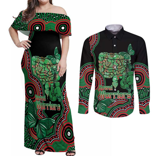 Australia Bowel Cancer Awareness Month Couples Matching Off Shoulder Maxi Dress and Long Sleeve Button Shirt Boxing Gloves Warriors Aboriginal Art