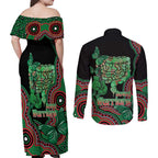 Australia Bowel Cancer Awareness Month Couples Matching Off Shoulder Maxi Dress and Long Sleeve Button Shirt Boxing Gloves Warriors Aboriginal Art