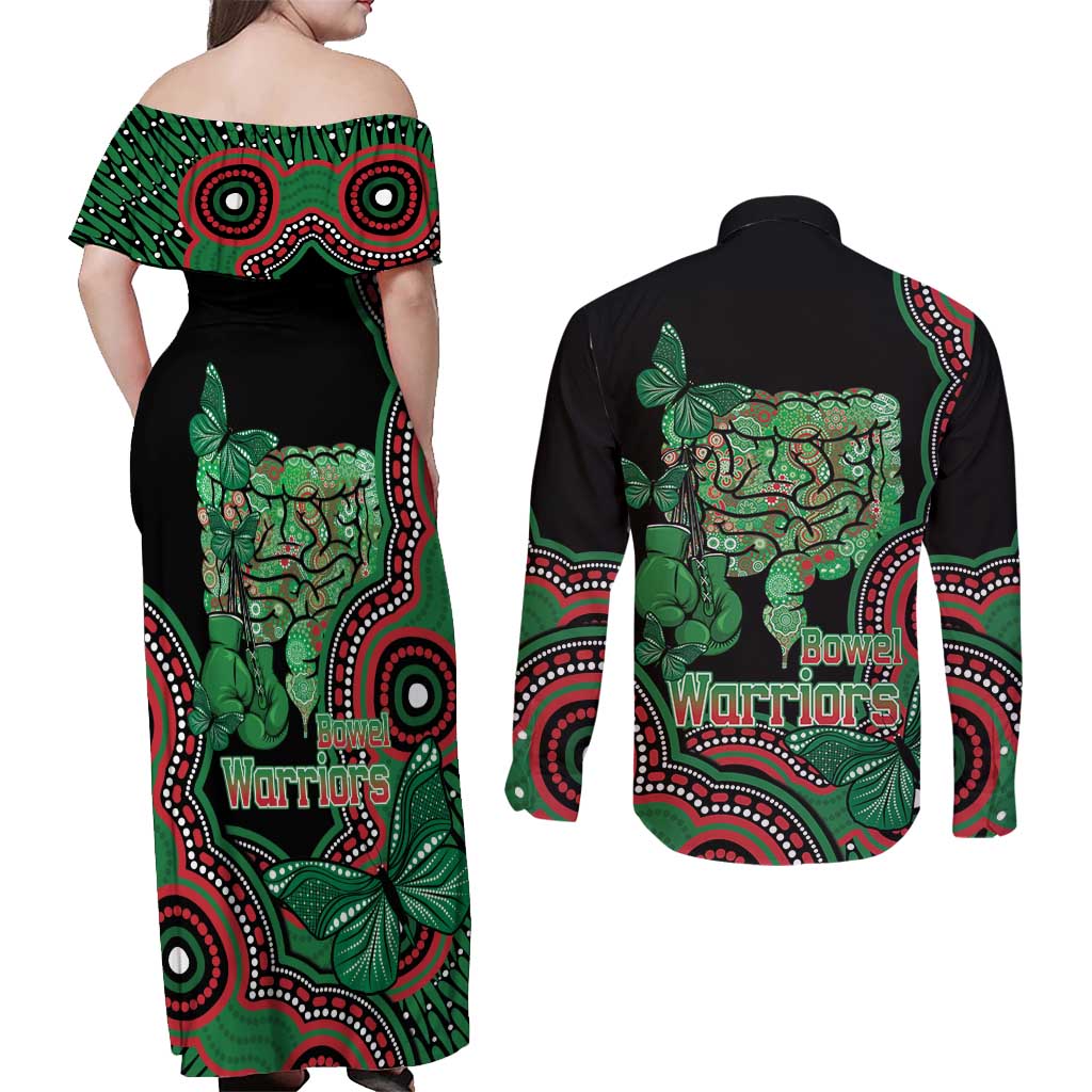 Australia Bowel Cancer Awareness Month Couples Matching Off Shoulder Maxi Dress and Long Sleeve Button Shirt Boxing Gloves Warriors Aboriginal Art