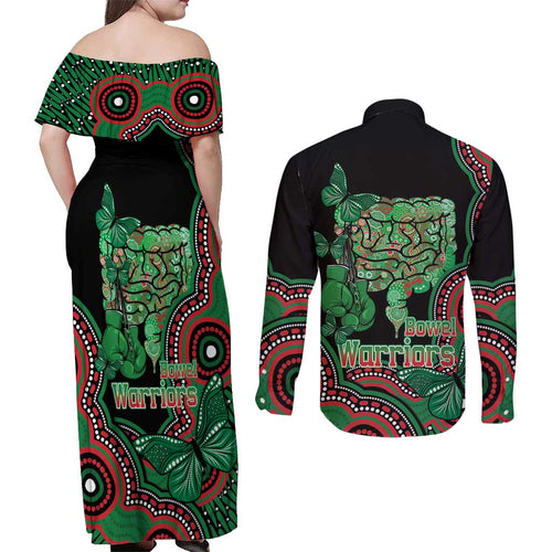 Australia Bowel Cancer Awareness Month Couples Matching Off Shoulder Maxi Dress and Long Sleeve Button Shirt Boxing Gloves Warriors Aboriginal Art