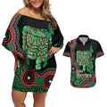 Australia Bowel Cancer Awareness Month Couples Matching Off Shoulder Short Dress and Hawaiian Shirt Boxing Gloves Warriors Aboriginal Art