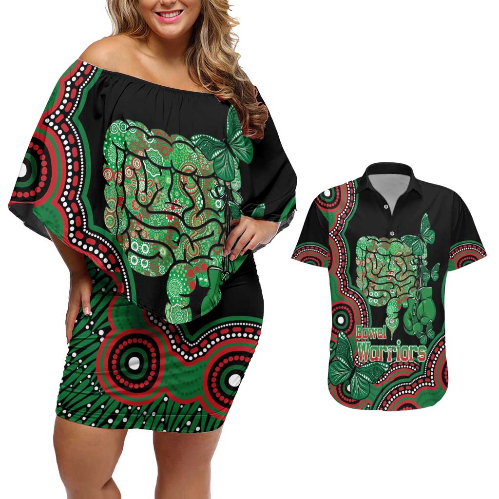 Australia Bowel Cancer Awareness Month Couples Matching Off Shoulder Short Dress and Hawaiian Shirt Boxing Gloves Warriors Aboriginal Art
