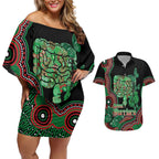 Australia Bowel Cancer Awareness Month Couples Matching Off Shoulder Short Dress and Hawaiian Shirt Boxing Gloves Warriors Aboriginal Art