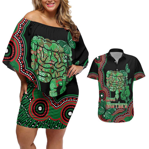 Australia Bowel Cancer Awareness Month Couples Matching Off Shoulder Short Dress and Hawaiian Shirt Boxing Gloves Warriors Aboriginal Art