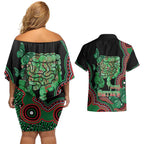 Australia Bowel Cancer Awareness Month Couples Matching Off Shoulder Short Dress and Hawaiian Shirt Boxing Gloves Warriors Aboriginal Art