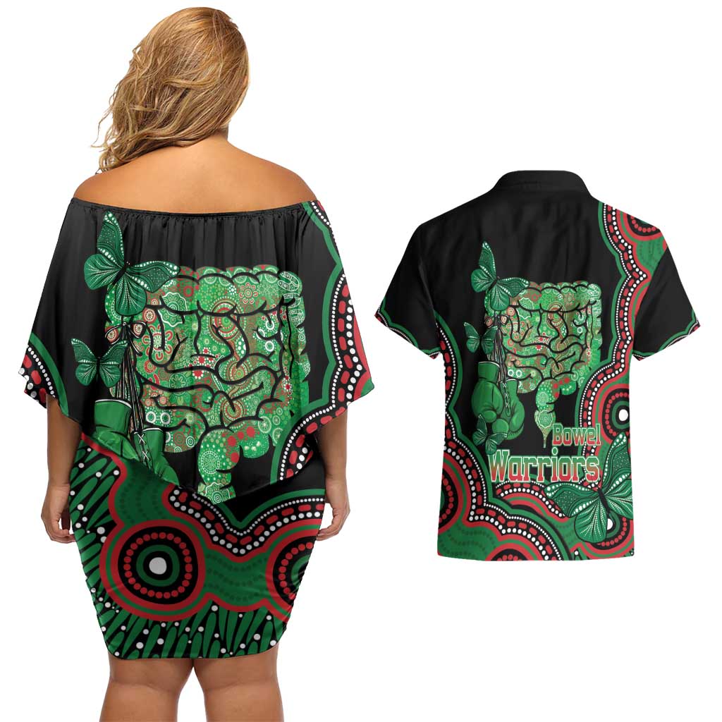 Australia Bowel Cancer Awareness Month Couples Matching Off Shoulder Short Dress and Hawaiian Shirt Boxing Gloves Warriors Aboriginal Art
