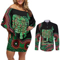 Australia Bowel Cancer Awareness Month Couples Matching Off Shoulder Short Dress and Long Sleeve Button Shirt Boxing Gloves Warriors Aboriginal Art
