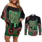 Australia Bowel Cancer Awareness Month Couples Matching Off Shoulder Short Dress and Long Sleeve Button Shirt Boxing Gloves Warriors Aboriginal Art