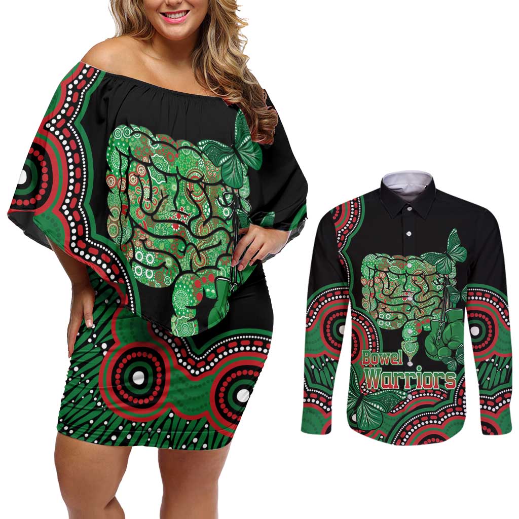 Australia Bowel Cancer Awareness Month Couples Matching Off Shoulder Short Dress and Long Sleeve Button Shirt Boxing Gloves Warriors Aboriginal Art