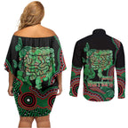 Australia Bowel Cancer Awareness Month Couples Matching Off Shoulder Short Dress and Long Sleeve Button Shirt Boxing Gloves Warriors Aboriginal Art