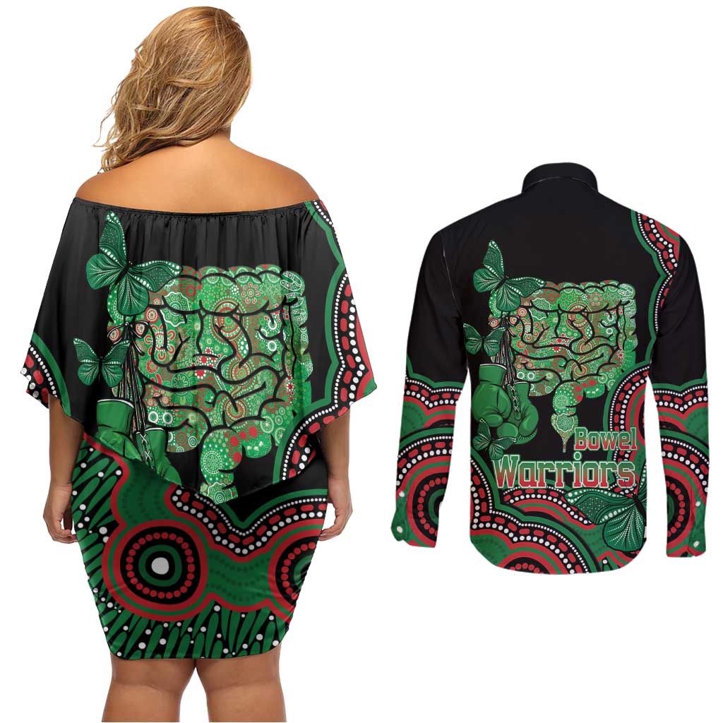 Australia Bowel Cancer Awareness Month Couples Matching Off Shoulder Short Dress and Long Sleeve Button Shirt Boxing Gloves Warriors Aboriginal Art
