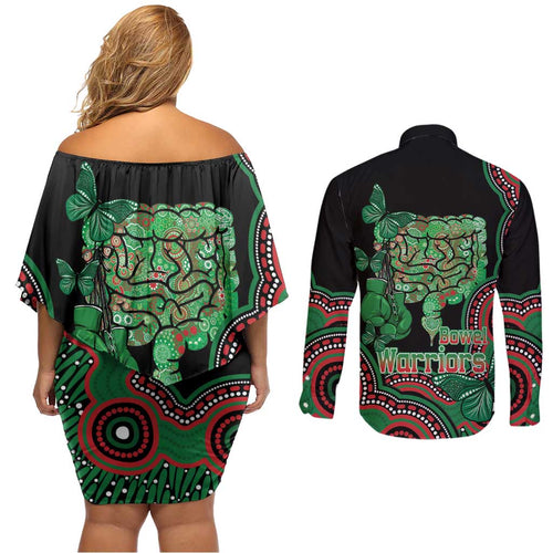 Australia Bowel Cancer Awareness Month Couples Matching Off Shoulder Short Dress and Long Sleeve Button Shirt Boxing Gloves Warriors Aboriginal Art