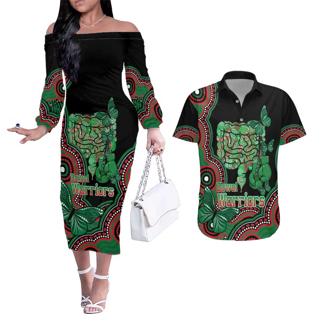 Australia Bowel Cancer Awareness Month Couples Matching Off The Shoulder Long Sleeve Dress and Hawaiian Shirt Boxing Gloves Warriors Aboriginal Art