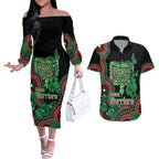 Australia Bowel Cancer Awareness Month Couples Matching Off The Shoulder Long Sleeve Dress and Hawaiian Shirt Boxing Gloves Warriors Aboriginal Art