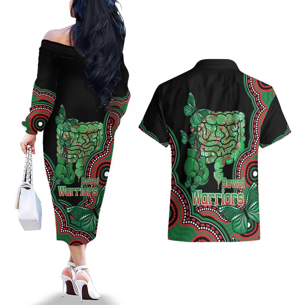Australia Bowel Cancer Awareness Month Couples Matching Off The Shoulder Long Sleeve Dress and Hawaiian Shirt Boxing Gloves Warriors Aboriginal Art