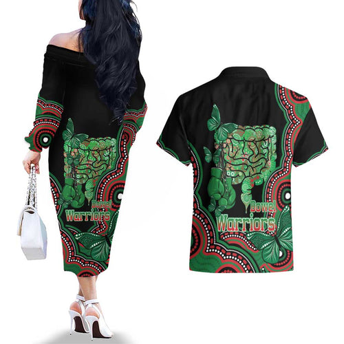 Australia Bowel Cancer Awareness Month Couples Matching Off The Shoulder Long Sleeve Dress and Hawaiian Shirt Boxing Gloves Warriors Aboriginal Art