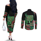 Australia Bowel Cancer Awareness Month Couples Matching Off The Shoulder Long Sleeve Dress and Long Sleeve Button Shirt Boxing Gloves Warriors Aboriginal Art